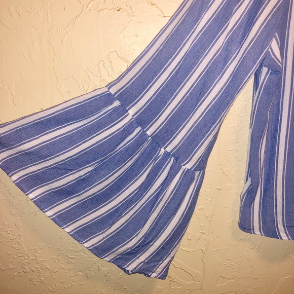 White & blue striped bell sleeve, front tie blouse - Picture 2 of 4